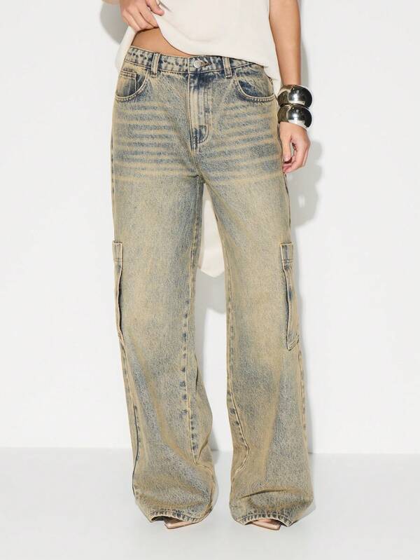missguided KIZN High Rise Washed Cargo Jeans Wide Leg Palazzo Denim Pants With Utility Pockets
