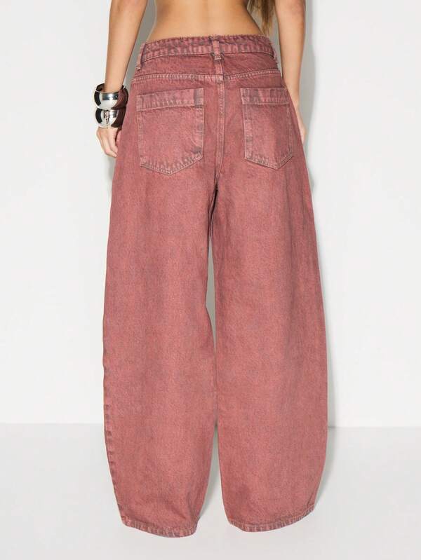 Missguided KIZN High Rise Wide Leg Denim Jeans With Drawstring Waist Vintage Washed Palazzo Style