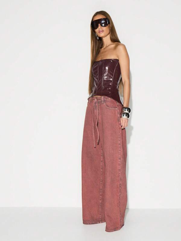 Missguided KIZN High Rise Wide Leg Denim Jeans With Drawstring Waist Vintage Washed Palazzo Style