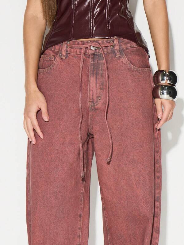 Missguided KIZN High Rise Wide Leg Denim Jeans With Drawstring Waist Vintage Washed Palazzo Style