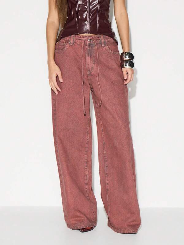 missguided KIZN High Rise Wide Leg Denim Jeans With Drawstring Waist Vintage Washed Palazzo Style
