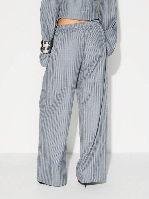 Missguided KIZN High Rise Wide Leg Striped Palazzo Trousers With Drawstring Waist For Casual Office Wear
