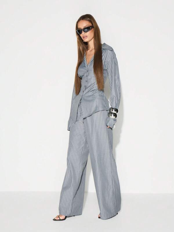 Missguided KIZN High Rise Wide Leg Striped Palazzo Trousers With Drawstring Waist For Casual Office Wear