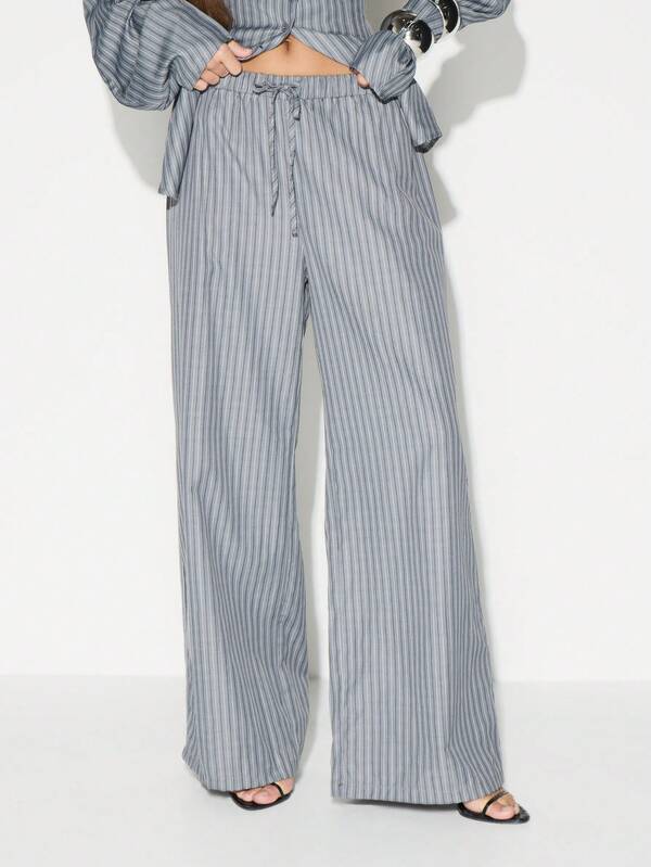 missguided KIZN High Rise Wide Leg Striped Palazzo Trousers With Drawstring Waist For Casual Office Wear