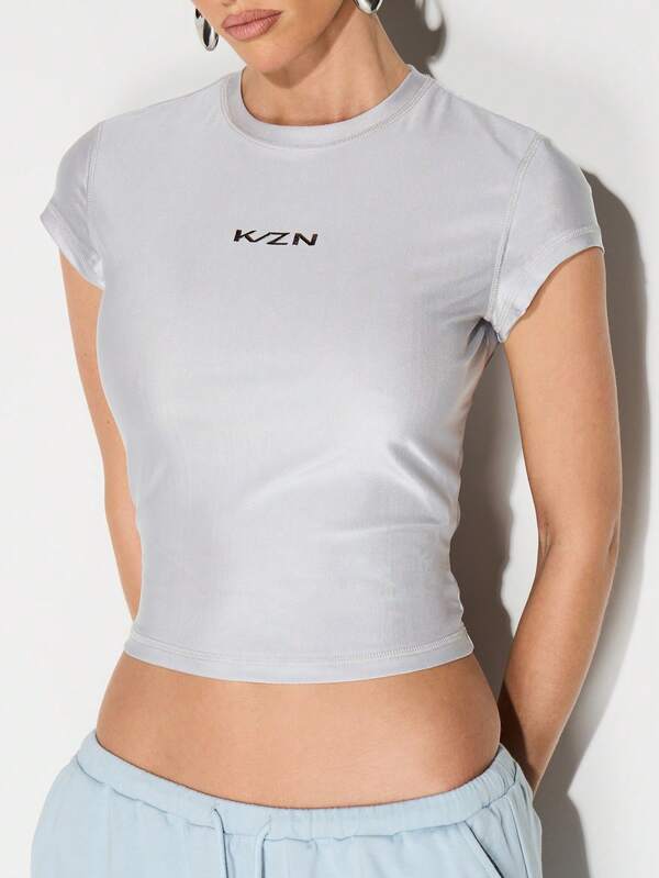 missguided KIZN High Shine Fitted Athletic Tee Short Sleeve Crew Neck Training Top Gym Activewear