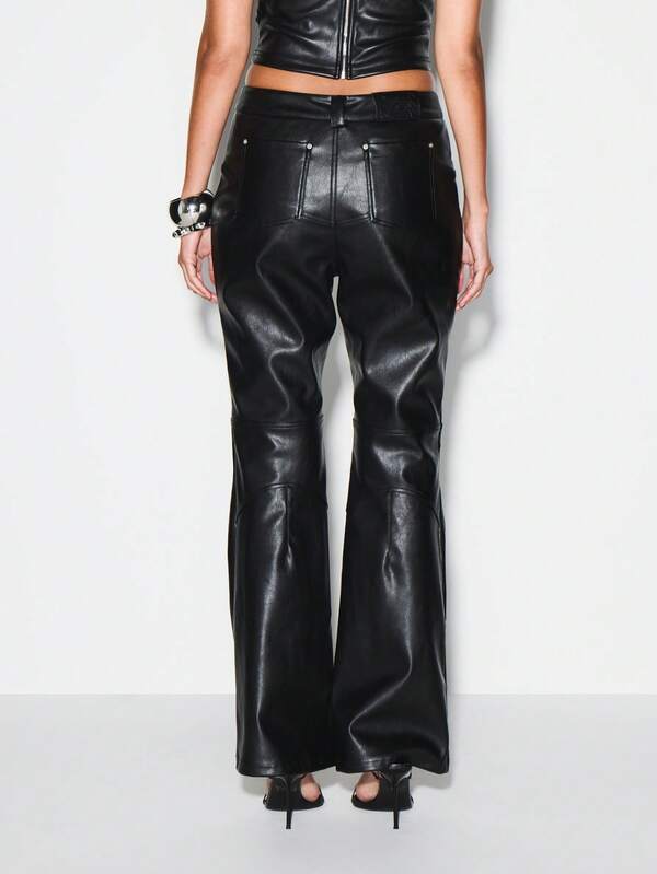 Missguided KIZN High Waisted Button Front Faux Leather Flared Pants With Wide Leg Silhouette