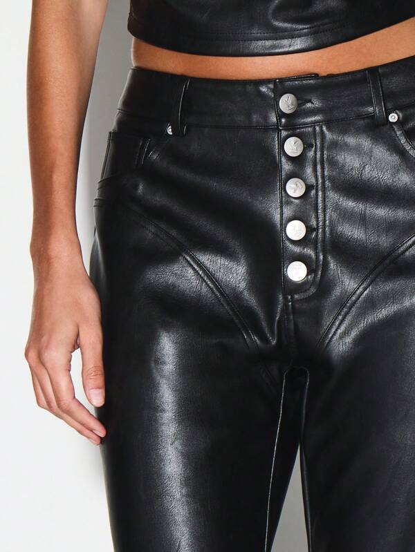 Missguided KIZN High Waisted Button Front Faux Leather Flared Pants With Wide Leg Silhouette