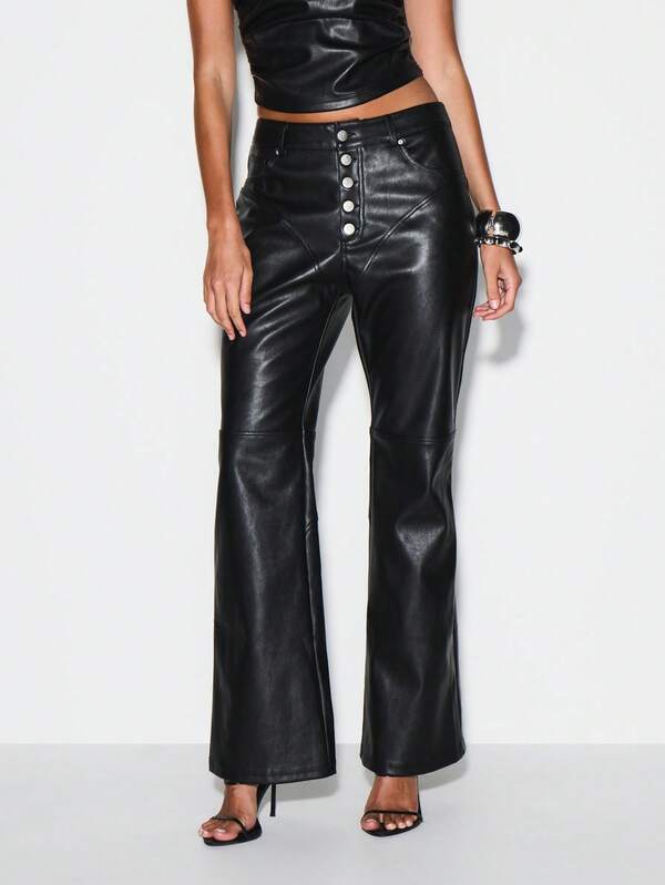 missguided KIZN High Waisted Button Front Faux Leather Flared Pants With Wide Leg Silhouette
