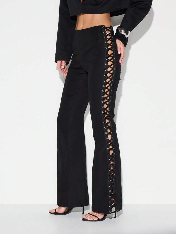 missguided KIZN High Waisted Lace Up Side Flare Pants With Metal Eyelets Perfect For Night Out Events