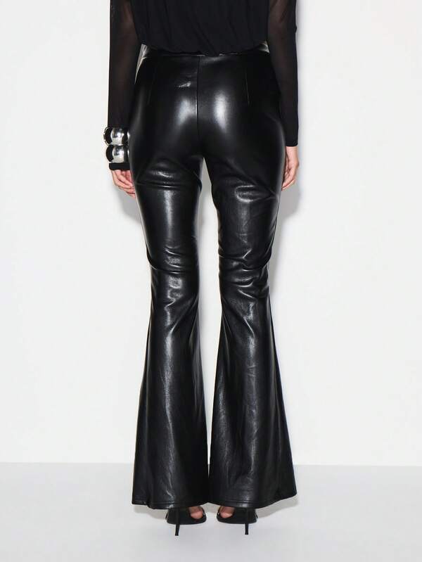 Missguided KIZN High Waisted Leather Look Lace Up Side Detail Flare Bell Bottom Trousers For Festival Party