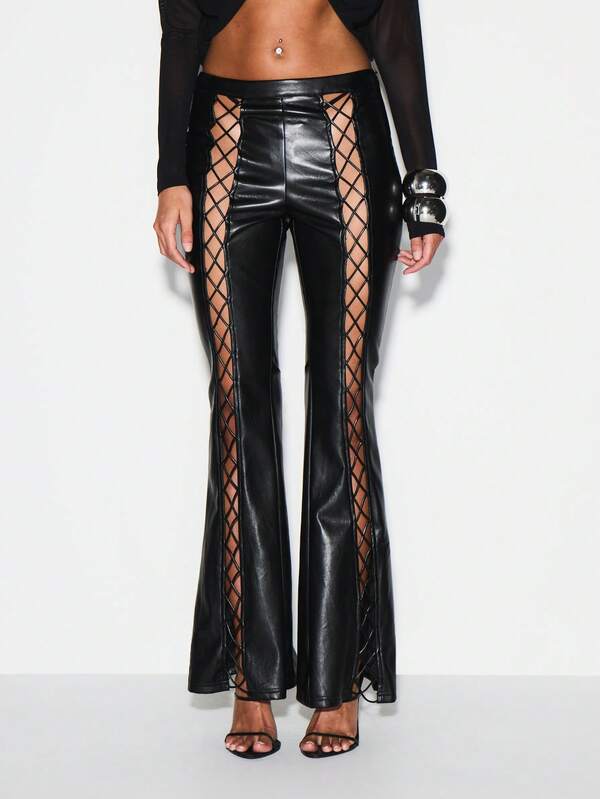 missguided KIZN High Waisted Leather Look Lace Up Side Detail Flare Bell Bottom Trousers For Festival Party