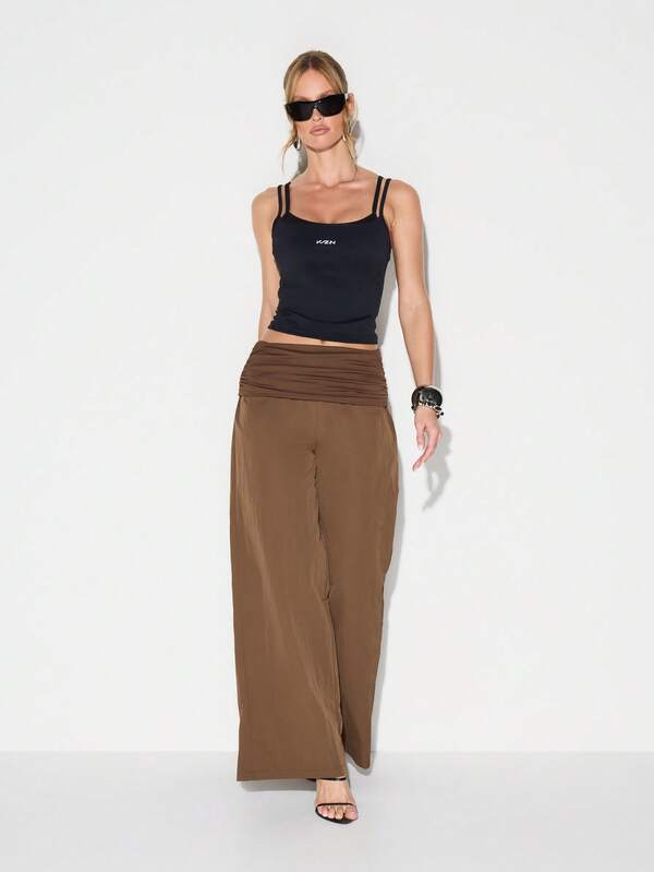 Missguided KIZN Jersey Waistband Wide Leg Palazzo Pants For Women Casual High Rise Flowy Trousers