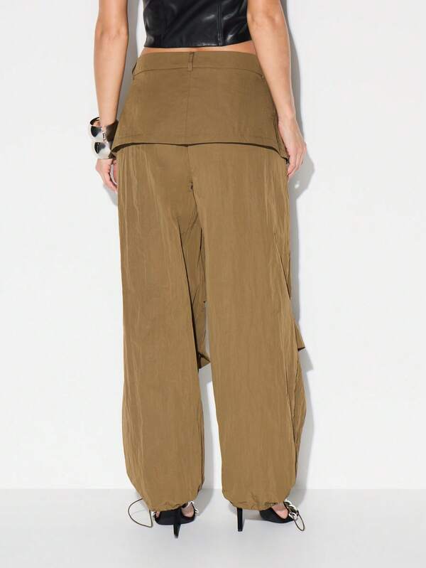 Missguided KIZN Khaki Layered Skirt Wrap Cargo Parachute Wide Leg Pants With Utility Pocket Details
