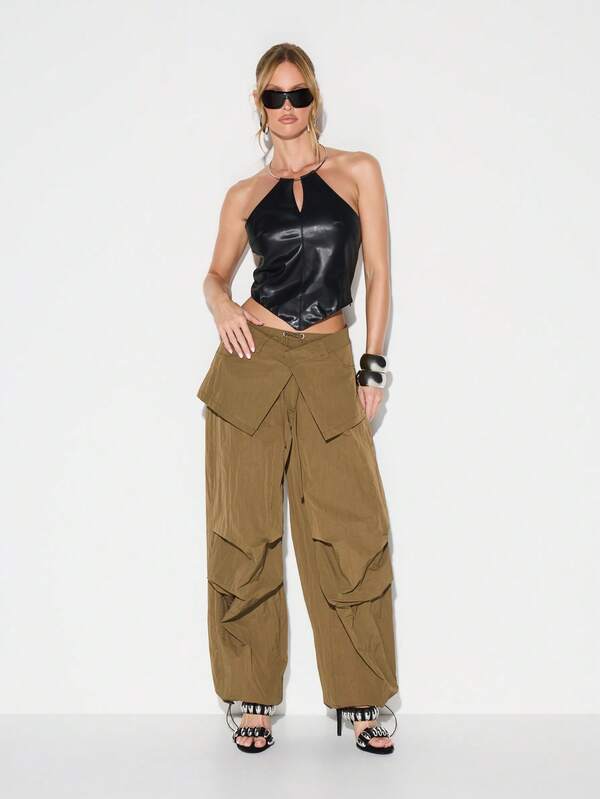 Missguided KIZN Khaki Layered Skirt Wrap Cargo Parachute Wide Leg Pants With Utility Pocket Details