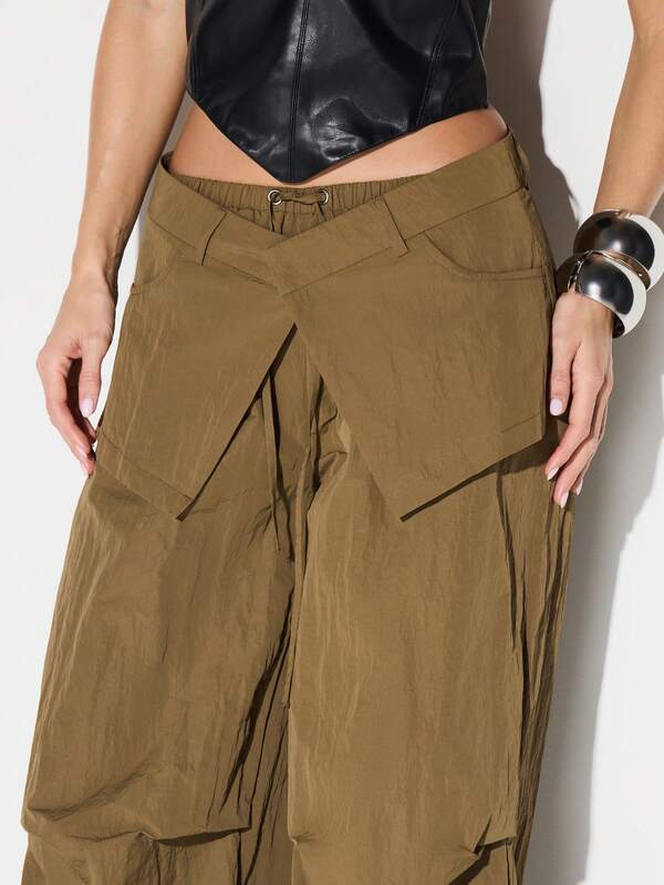 Missguided KIZN Khaki Layered Skirt Wrap Cargo Parachute Wide Leg Pants With Utility Pocket Details