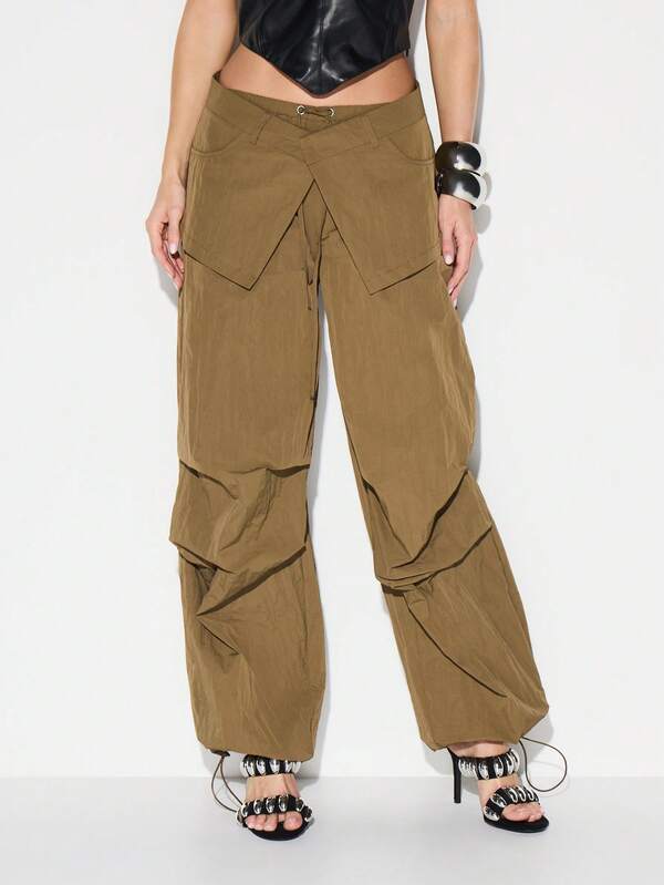 missguided KIZN Khaki Layered Skirt Wrap Cargo Parachute Wide Leg Pants With Utility Pocket Details