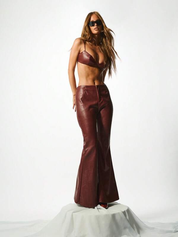 Missguided KIZN Leather Micro Bralette Top With Thin Straps Burgundy Wine Red Cropped