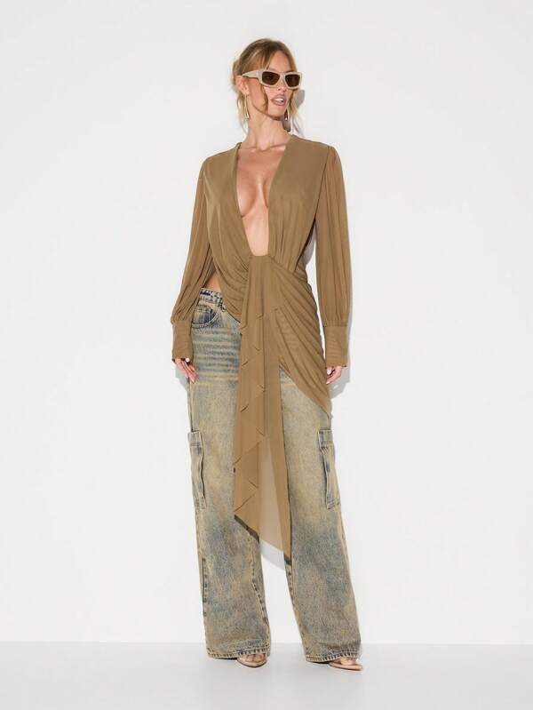 Missguided KIZN Long Sleeve Cowl Neck Drape Detail Blouse With Mesh Sections For Fall Winter