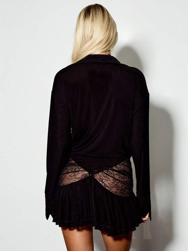 Missguided KIZN Long Sleeve Cowl Neck Mini Dress Draped Velvet Elegant Lace Detail Party Night Club Holiday Glam Ruffle Skater Cocktail