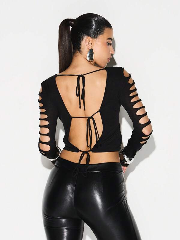 missguided KIZN Long Sleeve Cut Out Sleeve Backless Tie Detail Crop Top For Party Club Night Out