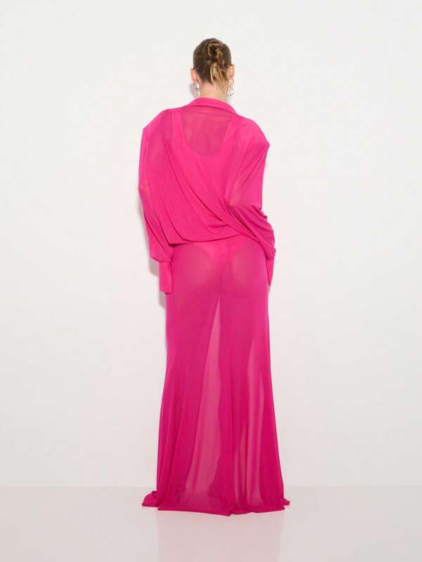 Missguided KIZN Long Sleeve Draped Evening Gown Mesh Wrap Floor Length Formal Maxi Dress Wedding Guest High Slit Goddess Glamour Ball Gown