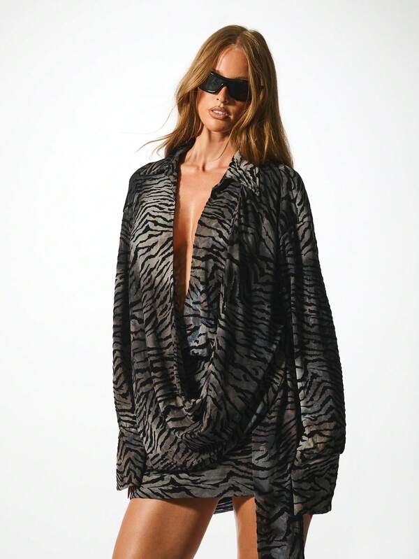 Missguided KIZN Long Sleeve Draped Mini Dress Animal Print Party Evening Fall Gathered Front Zebra Pattern Vintage Fashion Resort Glam Statement Piece Cocktail Night Out