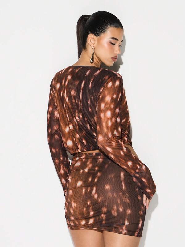 Missguided KIZN Long Sleeve Mesh Cowl Neck Mini Dress Abstract Print Bodycon Party Clubwear