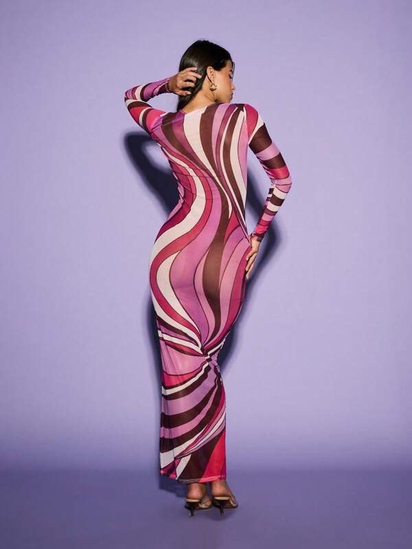 Missguided KIZN Long Sleeve Printed Mesh Maxi Dress Bohemian Clothes