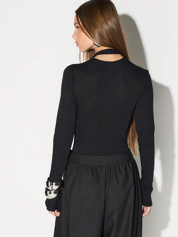 Missguided KIZN Long Sleeve Sheer Mesh Bodysuit With High Neck And Ruched Details For Party Nights