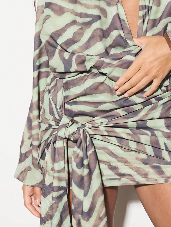 Missguided KIZN Long Sleeve Tiger Print Mini Dress Flowing Wrap Design Unique Party Evening Occasion Wear V-Neck Statement Drape Side Detail Resort Vacation Style Elegant Fashion