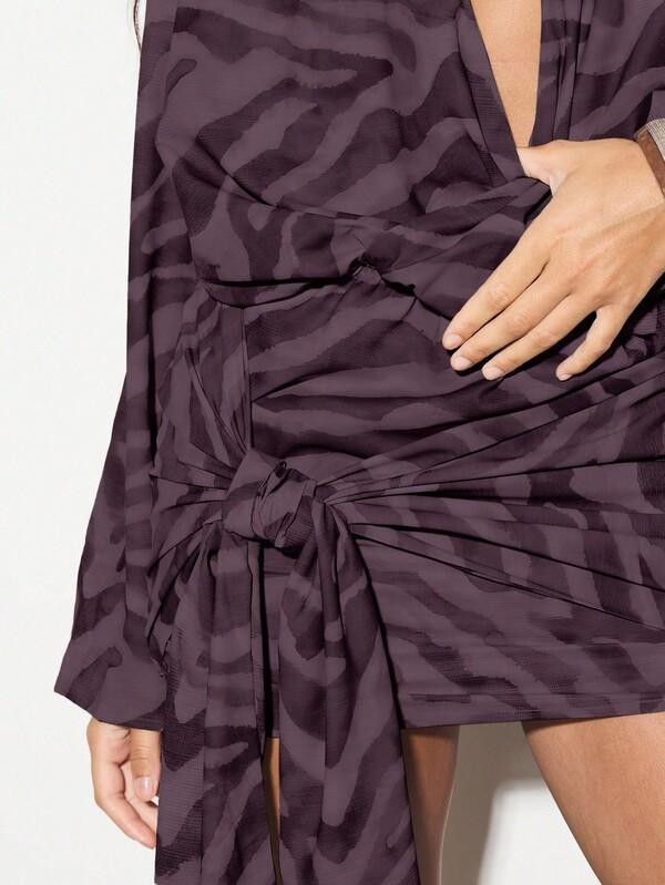 Missguided KIZN Long Sleeve Tiger Stripe Mini Dress Draped Sash Belt Party Evening Holiday Autumn Winter Night Out Elegant Cocktail Clubwear V Neck Wrap Style Fashion