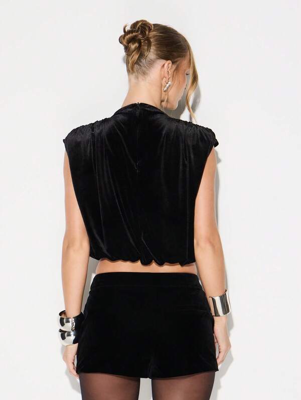 Missguided KIZN Luxurious Velvet Shoulder Pad Crop Top With Ruched Design For Evening Party Occasions