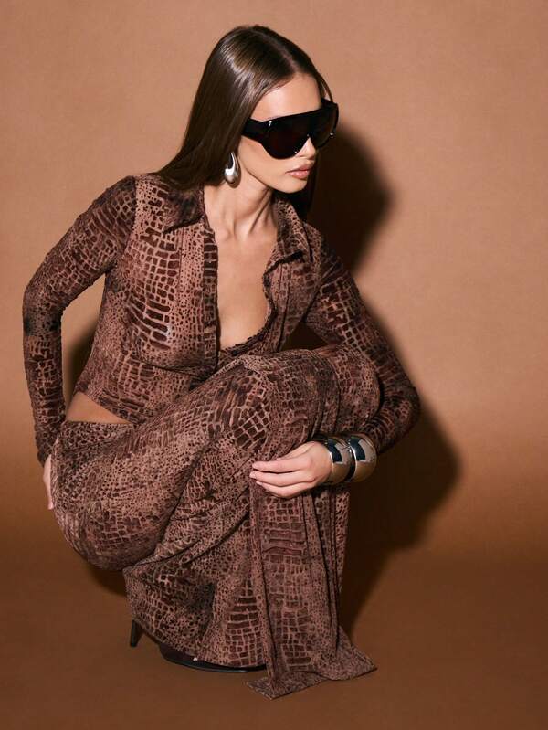 Missguided KIZN Mesh Long Sleeve Collared Bodysuit With Crocodile Print For Night Out Party Wear