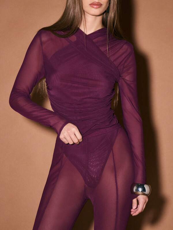 Missguided KIZN Mesh Stirrup Leggings With Cross Over Neckline Long Sleeve Bodycon Jumpsuit