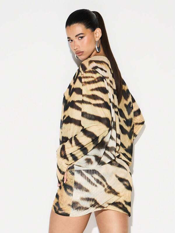Missguided KIZN Mesh Wrap Front Long Sleeve Tiger Print Mini Dress For Evening Party Cocktail Occasions