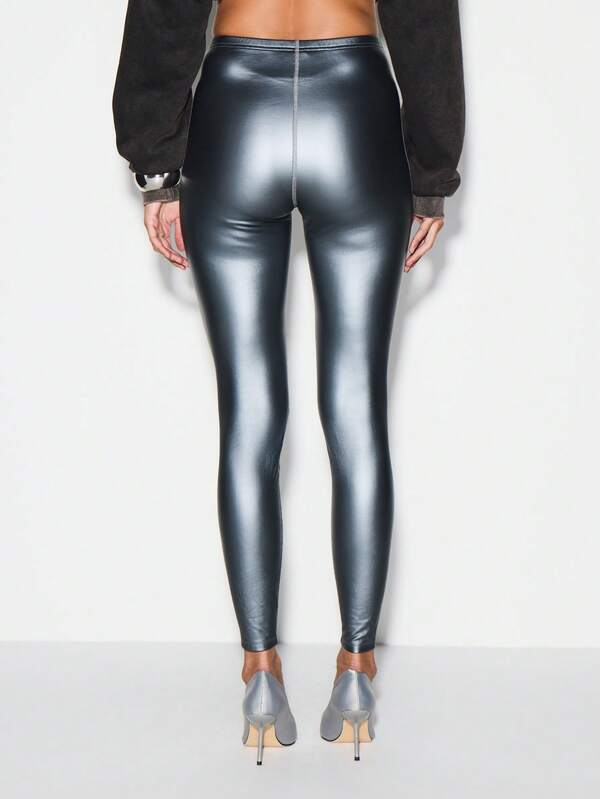 Missguided KIZN Metallic Foil Leggings High Rise Full Length Chrome Finish Pants Fashion Statement