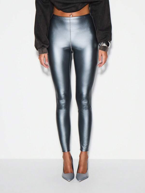 Missguided KIZN Metallic Foil Leggings High Rise Full Length Chrome Finish Pants Fashion Statement