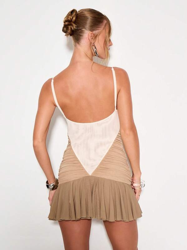 Missguided KIZN Mini Dress Ruched Panel Evening Party Cocktail Mesh Insert Flare Hem Chic Holiday Club Wear Elegant Night Out Mini Dress