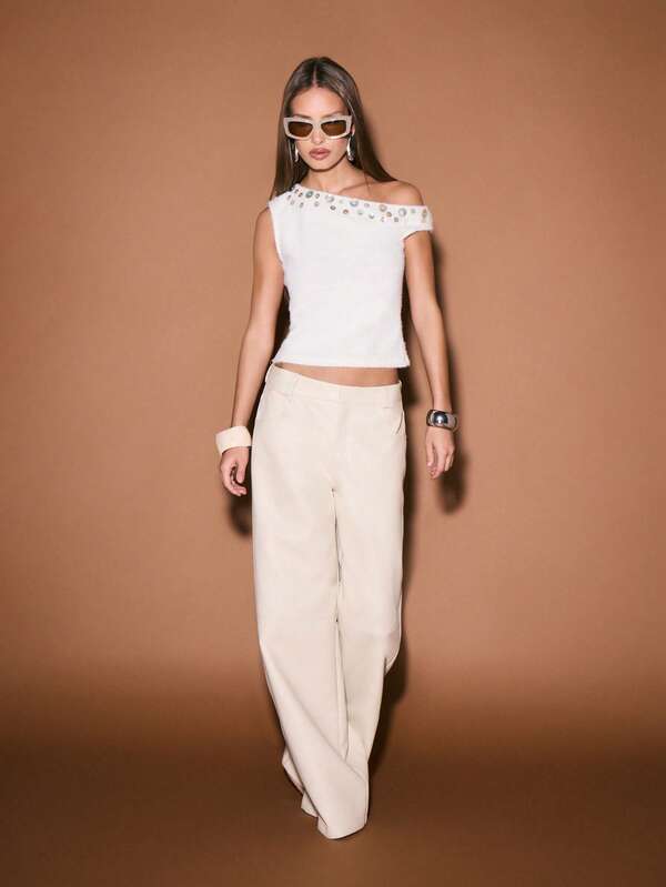 Missguided KIZN Off Shoulder Knit Top With Metallic Studded Neckline Detail For Summer Festival Occasions