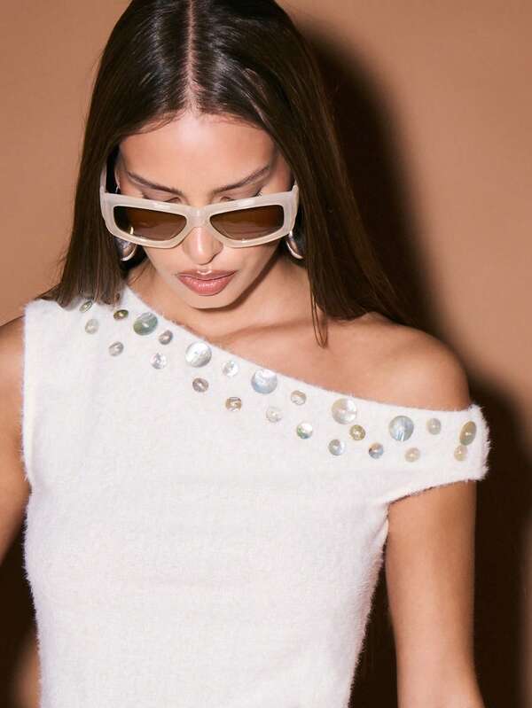 Missguided KIZN Off Shoulder Knit Top With Metallic Studded Neckline Detail For Summer Festival Occasions