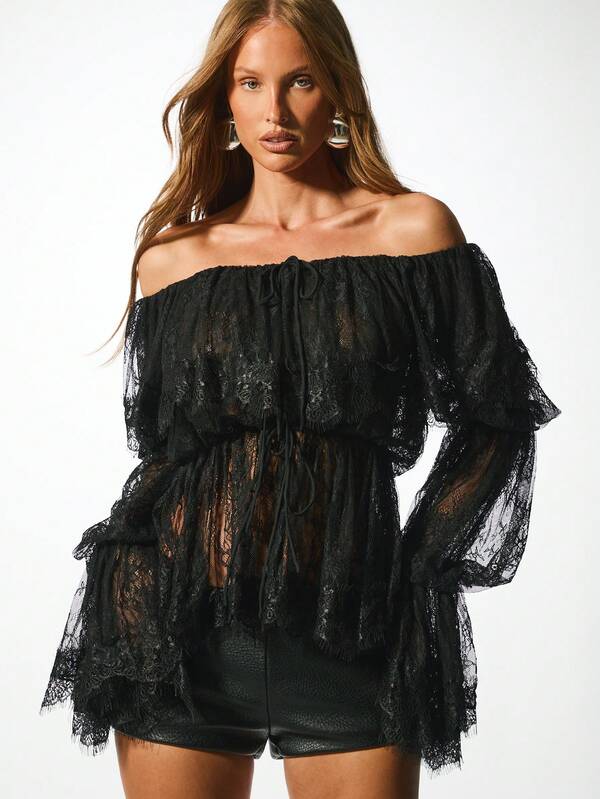 Missguided KIZN Off Shoulder Lace Bardot Blouse Long Sleeve Tiered Ruffle Top Evening Outfit