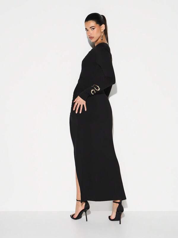 Missguided KIZN Off Shoulder Ruched Maxi Dress Long Sleeve Bodycon Evening Cocktail Party Asymmetrical Split Hem