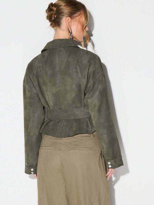 Missguided KIZN Olive Suedette Biker Jacket With Belt And Asymmetric Zip For Autumn Winter Outerwear