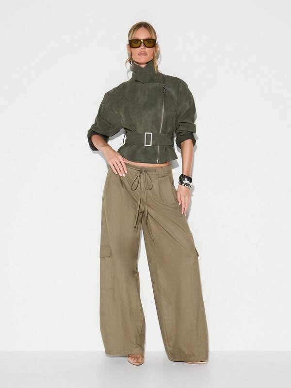 Missguided KIZN Olive Suedette Biker Jacket With Belt And Asymmetric Zip For Autumn Winter Outerwear