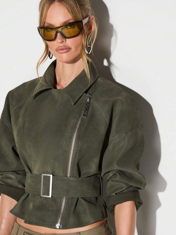Missguided KIZN Olive Suedette Biker Jacket With Belt And Asymmetric Zip For Autumn Winter Outerwear