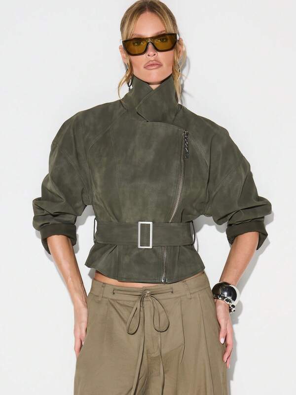 missguided KIZN Olive Suedette Biker Jacket With Belt And Asymmetric Zip For Autumn Winter Outerwear