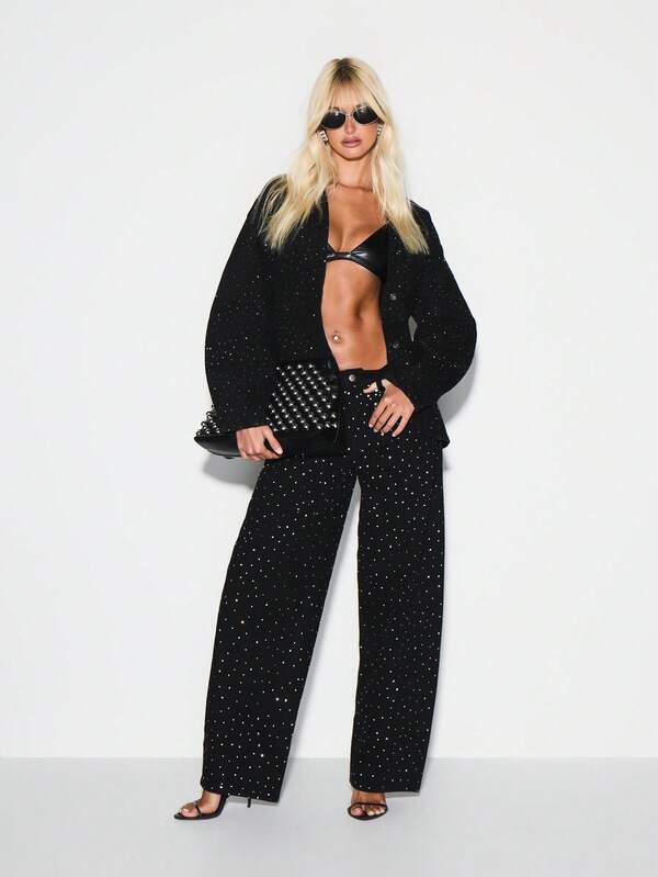 Missguided KIZN Oversized Balloon Sleeve Hotfix Studded Denim Jacket With Silver Embellishments For Festival Concert Evening Party