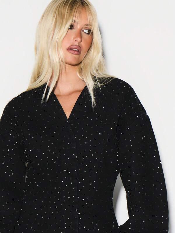 Missguided KIZN Oversized Balloon Sleeve Hotfix Studded Denim Jacket With Silver Embellishments For Festival Concert Evening Party