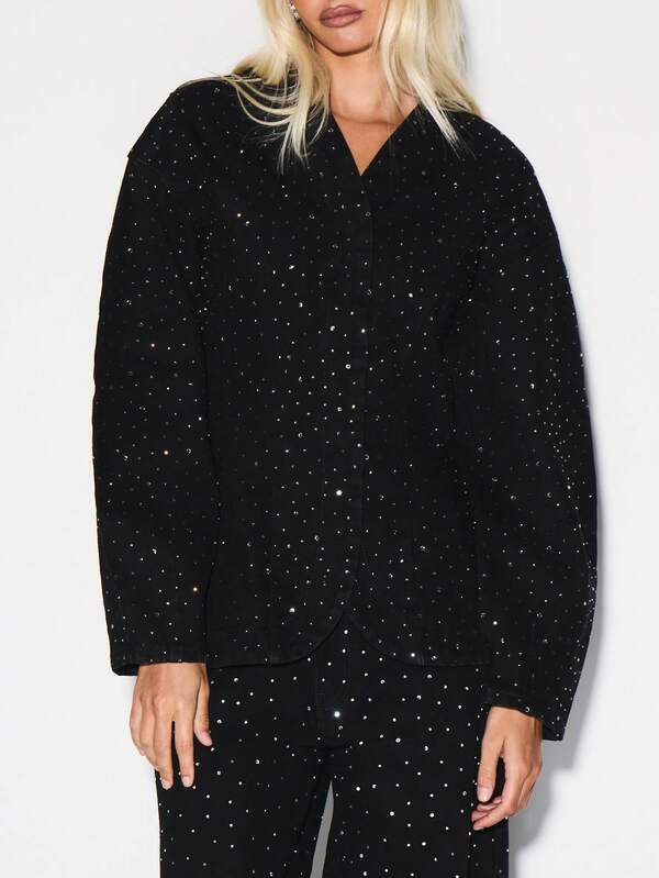 missguided KIZN Oversized Balloon Sleeve Hotfix Studded Denim Jacket With Silver Embellishments For Festival Concert Evening Party