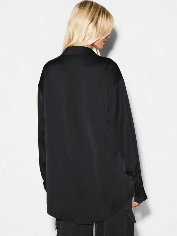Missguided KIZN Oversized Button Down Satin Shirt Long Sleeve Collared Blouse Office Professional Classic Wardrobe Essential